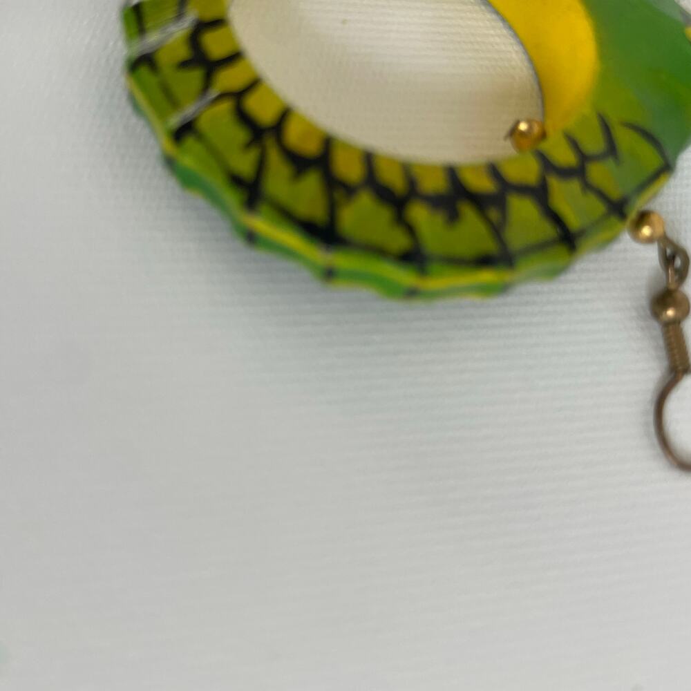 Wood Carved Painted Alligator Earrings 2"x1.75" Round Green Yellow Black Unique - Picture 5 of 7